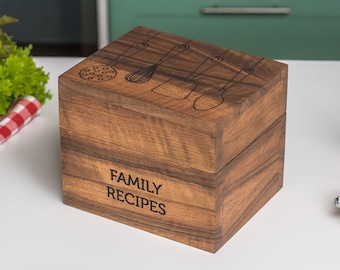 Boîte à recettes personnalisée en noyer cadeau personnalisé pour maman ses cartes de recettes de stockage de cuisine