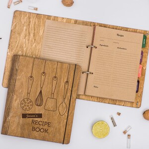 Personalized Recipe Book, Wooden Recipe Journal Custom Engraved Binder for Family Recipes