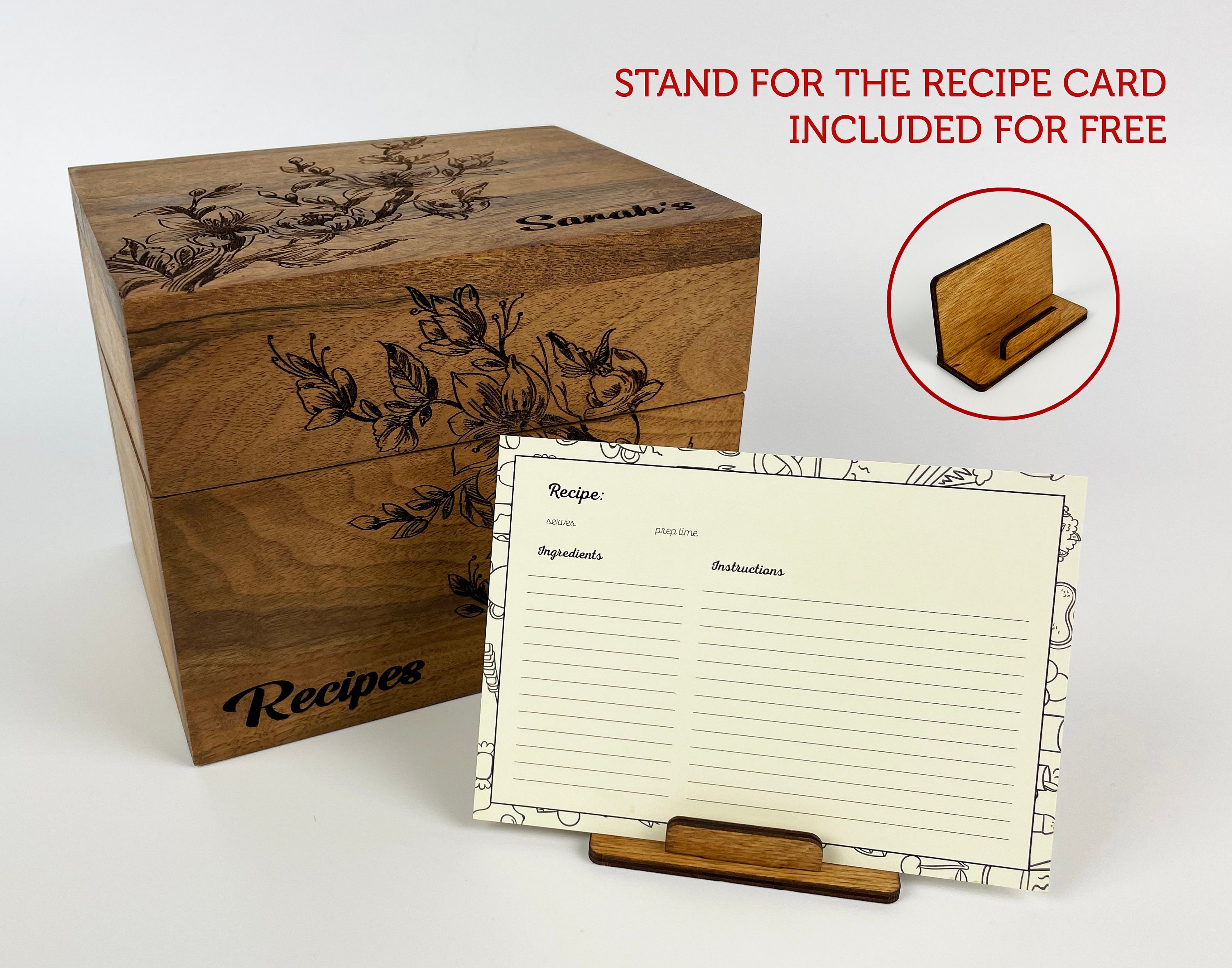 Recipe Box Block Personalized Recipe Box With Dividers With 4x6 Recipe Cards, Engraved ...