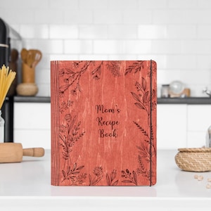 Carpeta de recetas: libro de cocina de madera personalizado y diario de recetas grabado con separadores, tarjetas de recetas y diario de comidas