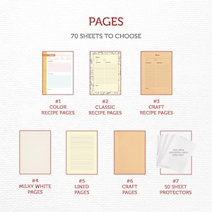 May include: Seven different options for recipe pages and page protectors.  The options include color, classic, craft, milky white, lined, craft, and 50 sheet protectors.  The text "PAGES" and "70 SHEETS TO CHOOSE" is at the top of the image.