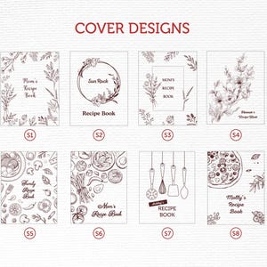 May include: Eight different cover designs for recipe books. Each design features a different illustration, including floral patterns, kitchen utensils, and food items. The designs are labeled with numbers 1 through 8.