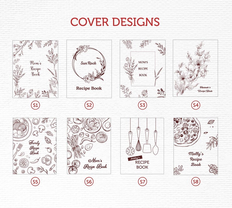 May include: Eight different cover designs for recipe books. Each design features a different illustration, including floral patterns, kitchen utensils, and food items. The designs are labeled with numbers 1 through 8.