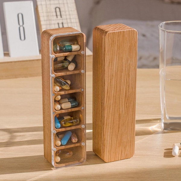 Wooden Pill Box Organizer, Cute 7-Day Pill Box For Purse, Vitamin Or Birth Control Case, Small Pill Container Or Trinket Box