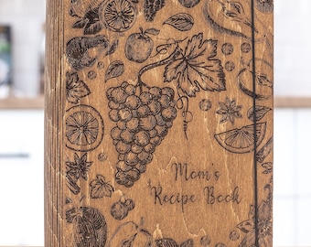Personalized Recipe Book With Blank 70 or 140 Recipe Cards - Wooden Cookbook Binder for Mom Dad