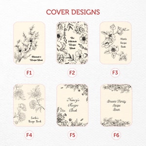 Puede incluir: Seis dise&ntilde;os de portada de libro de recetas diferentes con motivos florales. Cada dise&ntilde;o presenta un patr&oacute;n floral diferente y el texto "Libro de recetas" con un nombre o t&iacute;tulo personalizado.