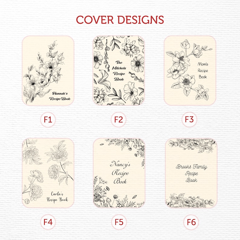 Puede incluir: Seis dise&ntilde;os de portada de libro de recetas diferentes con motivos florales. Cada dise&ntilde;o presenta un patr&oacute;n floral diferente y el texto "Libro de recetas" con un nombre o t&iacute;tulo personalizado.