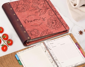 Personalized Recipe Binder, Wooden Custom Cookbook with Leather Spine, Mothers Day Gift