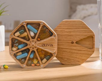 Pill Organizer, Wöchentliche Pillenbox, Tägliche Pillenbox aus Holz 7 Tage, Aufbewahrungsbox für Pillenbehälter mit Gravur
