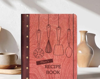 Libro de recetas de madera, carpeta de recetas personalizada para escribir tus propias recetas con diseño personalizado y lomo de cuero.