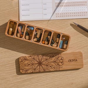 Wooden Pill Box, Pill Organizer For Purse Weekly Pill Case, Small Pill Container With Custom Name For 60th Birthday Gift