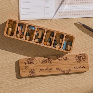 Wooden Pill And Vitamin Box Organizer For Purse, Birth Control Case, Pill Box 7-Day With Custom Name, Mental Health Gifts
