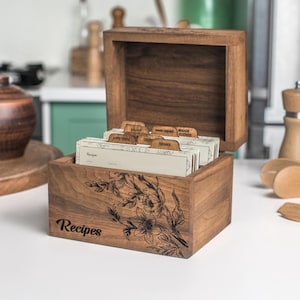 Wooden Recipe Box With Dividers And Recipe Cards 4x6 Gift For Mom From Daughter
