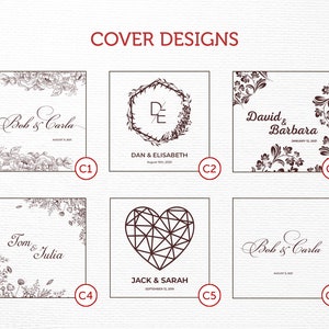 K&ouml;nnte beinhalten: Sechs verschiedene Designs f&uuml;r Hochzeitseinladungen. Die Designs zeigen florale Muster, eine Herzform und ein Monogramm. Der Text auf den Umschl&auml;gen enth&auml;lt die Namen der Paare und das Datum der Hochzeit.