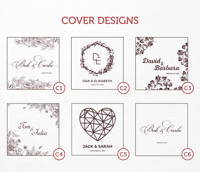 K&ouml;nnte beinhalten: Sechs verschiedene Designs f&uuml;r Hochzeitseinladungen. Die Designs zeigen florale Muster, eine Herzform und ein Monogramm. Der Text auf den Umschl&auml;gen enth&auml;lt die Namen der Paare und das Datum der Hochzeit.