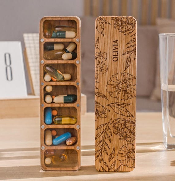 Pill Organizer With Custom Name, Cute 7 Day Pill Box For Purse, Wooden Pill Case And Vitamin Organizer, Mental Health Gifts