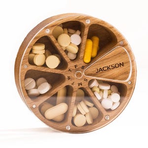 Pill Organizer 7 Day Personalized Wooden Box for Pills Birth Control Weekly Custom Pill Case