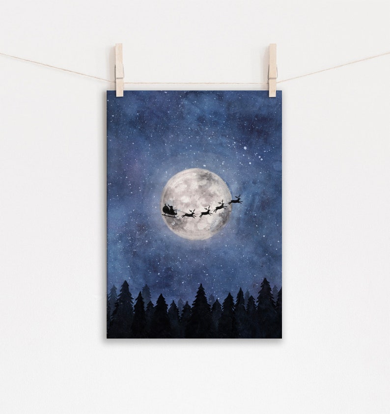 Santa Claus print Santa and sleigh wall art Santa sleigh Etsy