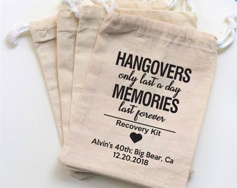 Personalized Hangover Kit Bags - Emergency, Survival, and First Aid Bags - Muslin Wedding Favor Bag - Recovery and Wedding Welcome Gift