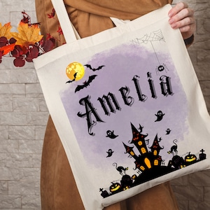 Personalized Halloween Tote Bag for Kids, Custom Pumpkin, Witch, Cat, Skeleton Ghost Canvas Bag, Kids Trick or Treat Bag