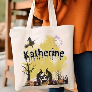 Personalized Halloween Tote Bag, Halloween Bags for Kids, Custom Pumpkin Witch Black Cat Skeleton Ghost Canvas Tote Bag, Trick or Treat Bag