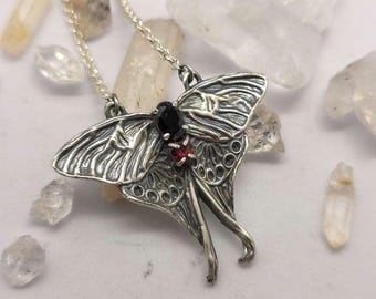 Butterfly Necklace with Garnet & Black Onyx | Handmade Gemstone Butterfly Pendant | Gothic Nature Jewelry Gift for Her Pendant