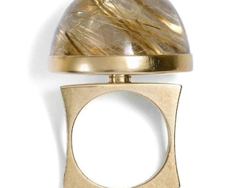 Natural Rutilated Quartz Ring 64 Ct | Gold Plated 925 Sterling Silver Ring | Statement Gemstone Ring | Handmade Quartz Jewelry |