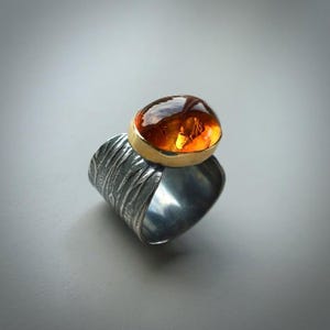 Könnte beinhalten: Ein Silberring mit strukturiertem Band und einem großen, ovalen Bernstein. Der Bernstein ist in einer goldenen Lünette gefasst, was einen auffälligen Kontrast erzeugt. Das Design des Rings ist kühn und künstlerisch.