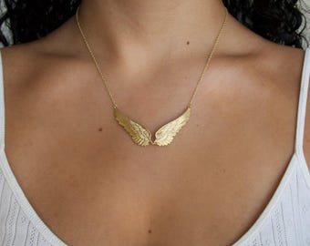 Gold Angel Wing Necklace, Sterling Silver Gold Plated Pendant Necklace, Minimalist Wing Jewelry, Celestial Necklace for Women, Gift for Her