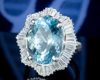Aquamarine Cocktail Ring, Sterling Silver, CZ Baguette, Minimalist Style