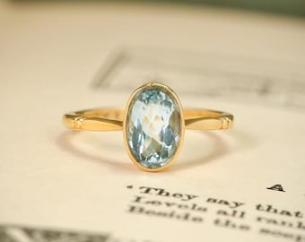Natural Swiss Blue Topaz Oval Ring, 22K Gold Plated Sterling Silver, Minimalist Solitaire