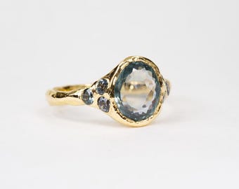 Natural Aquamarine Oval Ring, Gold Vermeil, Textured Sterling Silver Band, March Birthstone