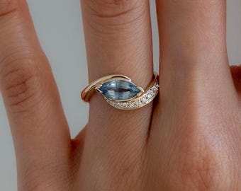 Natural Swiss Blue Topaz One-of-a-kind — Marquise Rapture Ring14k Gold Ring, Sterling Silver Band