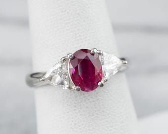 Lab Ruby Ring in 925 Sterling Silver, Oval Cut Ruby Engagement Ring, Trillion Cut Side Stones, July Birthstone Jewelry, Anniversary Jeweller