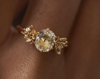Natural Yellow Sapphire Floral Ring, Gold Plated 925 Sterling Silver, Handmade Gemstone Jewelry