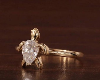 Sea Turtle Ring, Natural White Topaz Ring, Gold Plated Sterling Silver Ring, Ocean Inspired Jewelry, Minimalist Turtle Engagement Ring