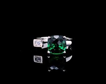 Cushion Cut Emerald Ring, Rhodium Plated Sterling Silver, Diamond Accent