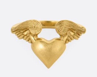 Vergoldeter geflügelter Herzring, Sterlingsilber 925 Engelsflügel Ring, Aussageherzschmuck, romantisches Valentinsgeschenk für sie, niedlicher Liebesring