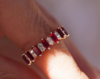 Baguette Cut Ruby Ring, 925 Sterling Silver Bridal Set, Gold Plated Ring