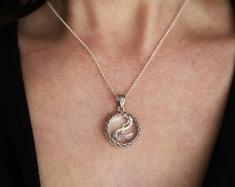 Handcrafted Silver Filigree Quartz Necklace, Round Clear Crystal Lens Pendant, Artisan 925 Sterling Silver Statement Medallion, Gift for Her