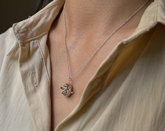 Minimalist Sterling Silver Baby Dinosaur Egg Pendant Necklace, Cute Dino Charm Necklace, Handmade 925 Silver Jewelry Gift for Women