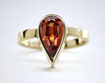 Imperial Orange Citrine Pear Ring, Rose Cut Sterling Silver Engagement Ring