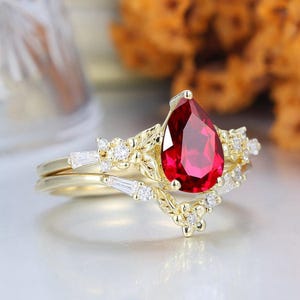 Art Deco 1.5CT Pear Cut Ruby Engagement Ring Leaf Floral Engraved Women Ring