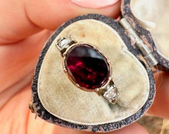 Georgian Garnet Ring, Rose-Cut Diamond, Gold Plated Sterling Silver