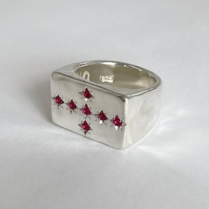 Op de afbeelding: Zilveren ring met een rechthoekige voorkant. De ring is versierd met een reeks van acht stervormige rode edelstenen. De ring heeft een gepolijste afwerking en een minimalistisch ontwerp.