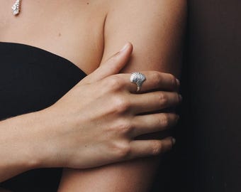 Handmade Shell Signet Statement Ring With Pure 92.5% Sterling Silver Band Gift For Her