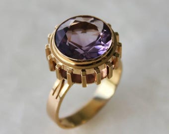 Natural Amethyst Statement Ring, 18k Gold Plated Sterling Silver, Geometric Design, February Birthstone