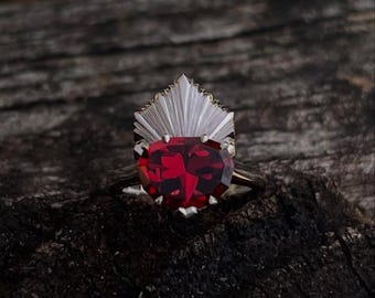 Red Garnet Heart Ring, Atlantis Design, 925 Sterling Silver