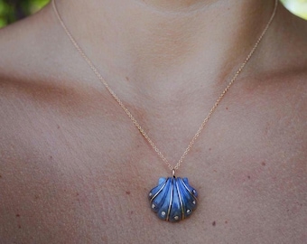 Natural Labradorite Shell Pendant Necklace, White Moissanite Pendant, Sterling Silver Gold Rhodium Jewelry, Ocean Sea Shell Necklace