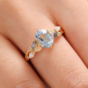 Natural Aquamarine Oval Cut Gemstone  Gold Plated Ring For Women Luxury Handmade Engagement Ring Bridal Anniversary Gifts For Her